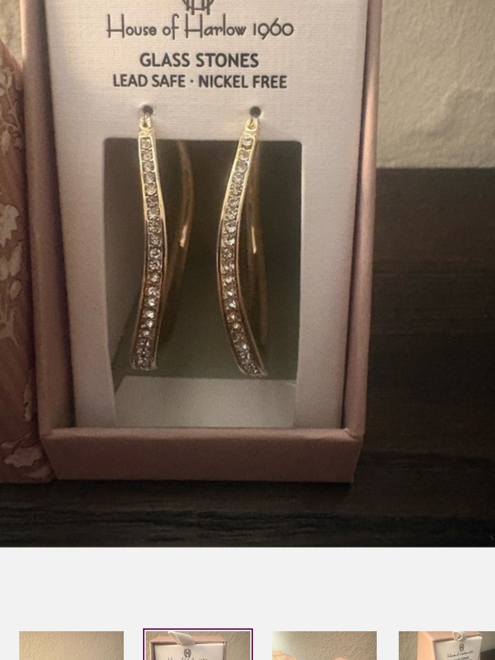 House of Harlow 1960 Gold Crystal Curved Hoop Earrings Bnib